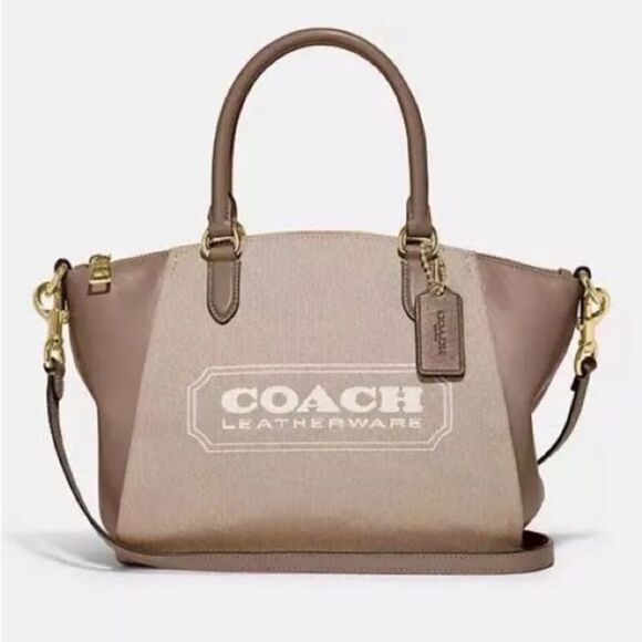 Coach Badge Jacquard Elise Satchel in Chalk Taupe, New - Picture 1 of 14